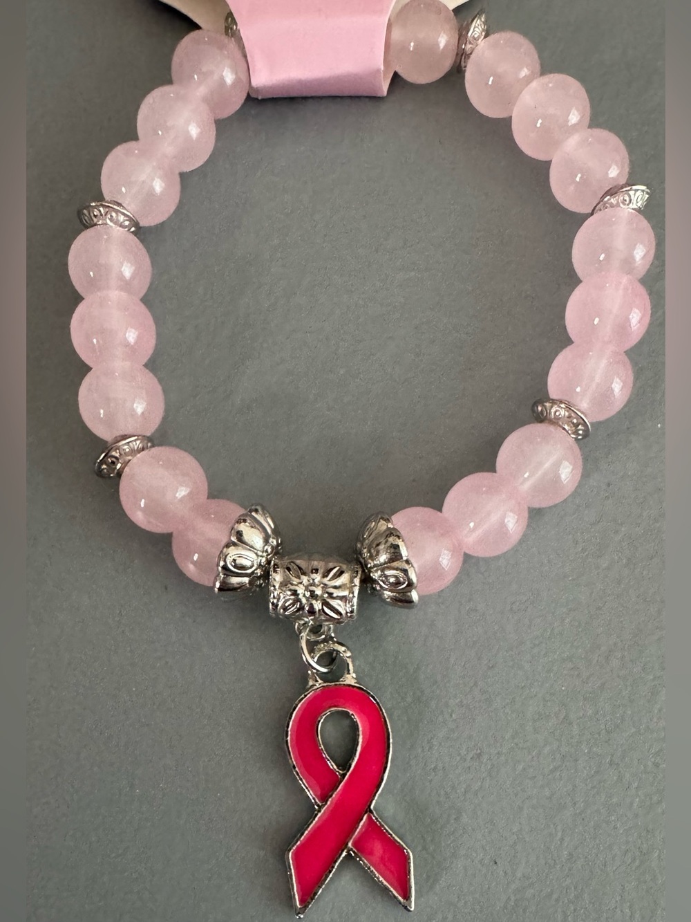 Pink glass Beaded Bracelet with Pink Ribbon Charm breast cancer awareness